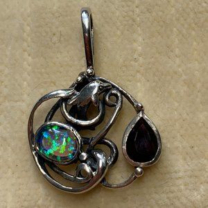 Opal, Garnet and Silver pendant with dolphin